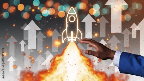 Hand launching paper rocket with upward growth arrows in digital business concept