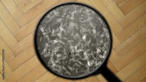 Magnifying Glass Revealing Bacteria and Germs on Wooden Parquet