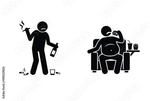 Two contrasting figures depict unhealthy habits of smoking drinking and overeating silhouette