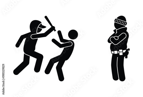 A tense confrontation unfolds between two figures and a police officer depicted as a silhouette