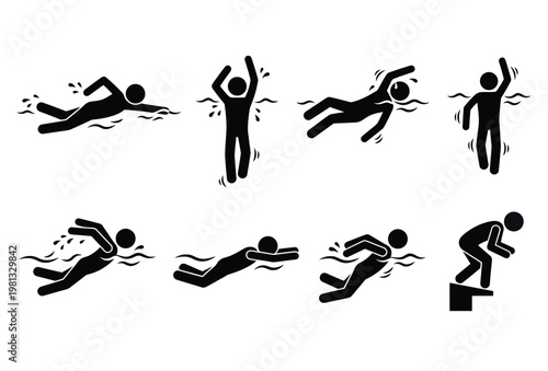 A series of black stick figures illustrating different swimming and diving poses silhouette