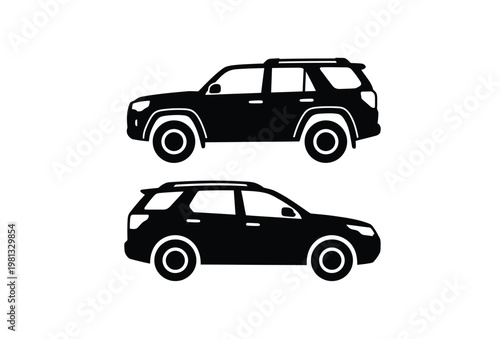Two black vehicle silhouettes a suv and a crossover presented in a minimalist style silhouette