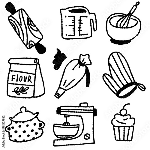 Hand drawn baking tools and ingredients icon set, vector illustration with rolling pin, measuring cup, whisk bowl, flour bag, piping bag, oven mitt, pot, mixer and cupcake doodles