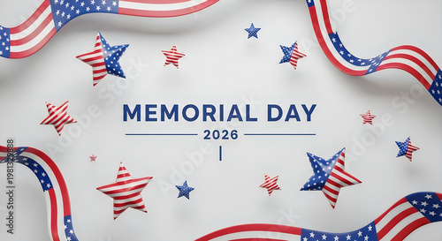 Memorial Day 2026 celebration banner with American flags, patriotic stars, and festive ribbons on white background