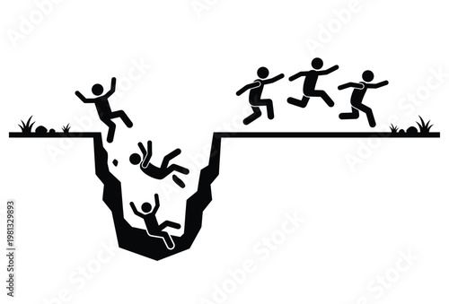 A group of people jumping towards a hole with one falling into it silhouette