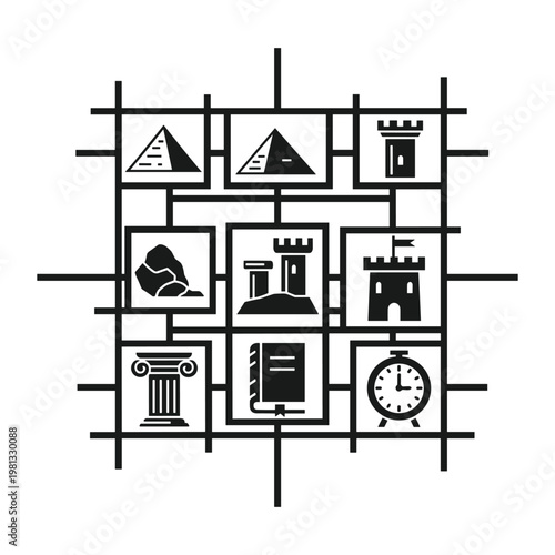 Grid of historical icons featuring architecture and ancient artifacts