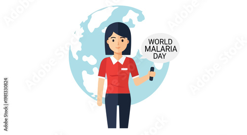 Illustration of a healthcare worker promoting world malaria day with a globe backdrop