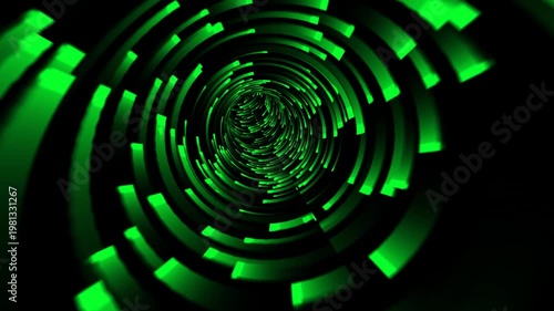Green Abstract Technology Tunnel Vortex With Glowing Circular Data Rings