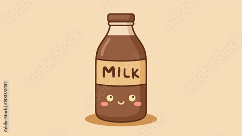 Cute Kawaii Chocolate Milk Bottle Illustration with a Smiling Face and Minimalist Cartoon Style on a Soft Pastel Background