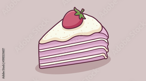 Slice of Delicious Purple Layered Strawberry Cake with Cream Frosting and Fresh Berry Topping Vector Illustration