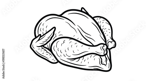 Vector Line Art Illustration of a Whole Raw Chicken for Culinary Menu Design and Coloring Book Projects