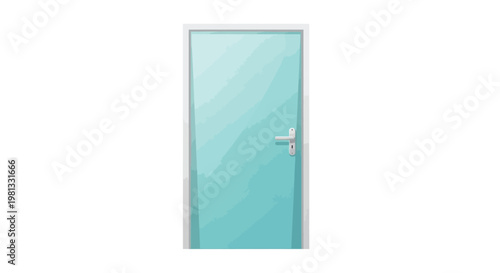 A simple cartoon style illustration of a teal colored door with a silver doorknob and handle
