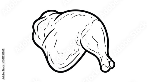 Hand drawn raw chicken leg quarter line art illustration for coloring book and food menu design isolated on white background
