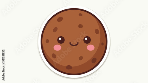Kawaii Cute Chocolate Chip Cookie Sticker Character with Happy Smiling Face and Rosy Cheeks Illustration