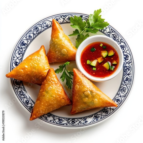 Traditional Indian vegetarian appetizer featu crispy samosas with spiced vegetable filling served with vibrant tomato and cucumber sauce garnished with fresh herbs
