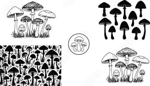 Hand drawn mushroom illustration set featuring various fungi silhouettes, botanical sketch elements, forest nature pattern, vintage engraving style collection isolated on white background