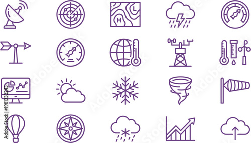 A comprehensive collection of weather and climate icons depicting various meteorological conditions and forecasting tools.