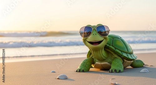 Cartoon turtle wearing sunglasses chilling on sandy beach