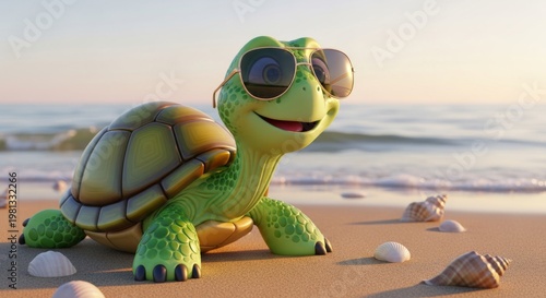 Cute cartoon turtle wearing sunglasses on sunny beach