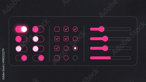 Modern User Interface Design with Interactive Elements: Sliders, Toggles, and Checkbox Controls with Pink Accents on Dark Background for Creative Layouts