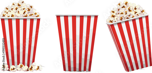 Set of Popcorn Buckets with Red and White Stripes for Cinema, Movie Night, and Snack Food Design Themes