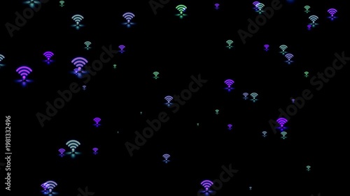 Neon WiFi Icons Floating on Dark Background