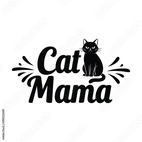 Cat mama logo with black cat and text design element