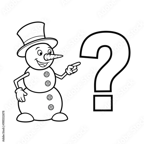 Smiling snowman in top hat pointing at large question mark symbol