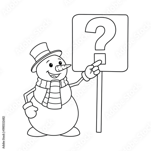 Smiling snowman wearing winter clothing holding a question mark sign  isolated on transparent background