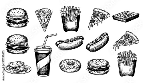 Vector Hand Drawn Fast Food Sketch Set in Black Scribble Style Isolated on White Background