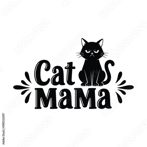 Black cat sitting on Cat Mama text logo design element