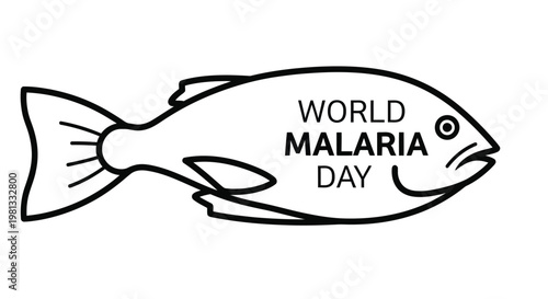 Simple black and white illustration of a fish with world malaria day text inside