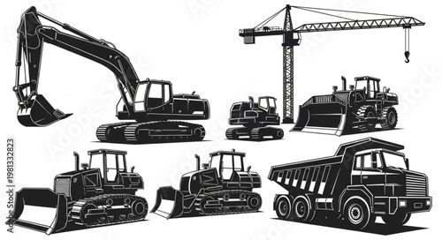 Collection of Heavy Construction Equipment and Vehicles.
