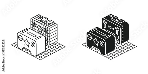 Isometric illustration of retro gaming controllers with attached modular components