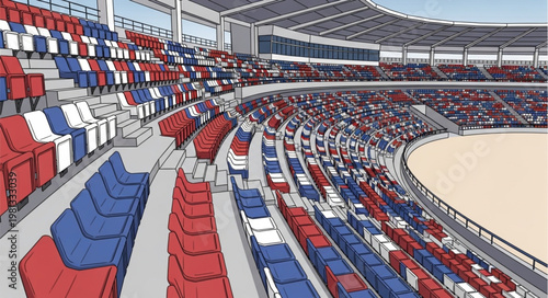 Empty stadium seats in red white and blue colors.