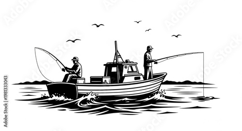 Two fishermen casting lines from a boat at sea.