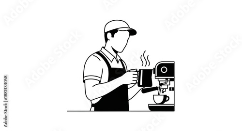 Barista making coffee with espresso machine and steaming milk pitcher.