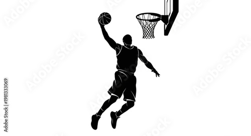 Silhouette of a basketball player dunking the ball during a game.