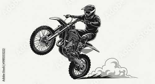 Motorcyclist performing a wheelie on a dirt bike.