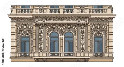 Ornate Building Facade with Arched Windows and Decorative Details.