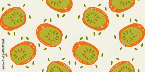 Hand drawn vector kiwi fruit slices seamless pattern on light background for textile and wallpaper design