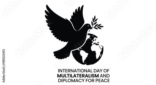 A black silhouette of a dove with an olive branch over a world globe