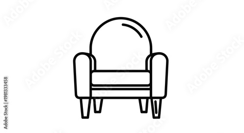 A simple black and white line drawing depicts a classic upholstered armchair with rounded features