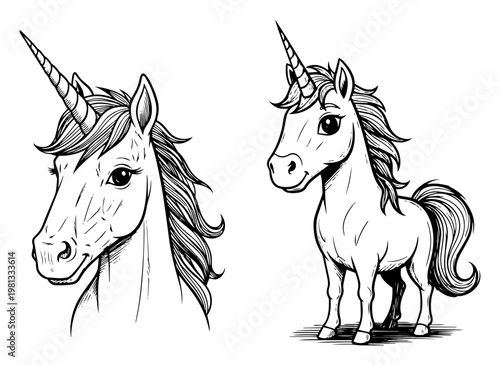 Unicorn Character Vector Set, Hand Drawn Mythical Horse Sketch, Cute Fantasy Animal Illustration for Kids
