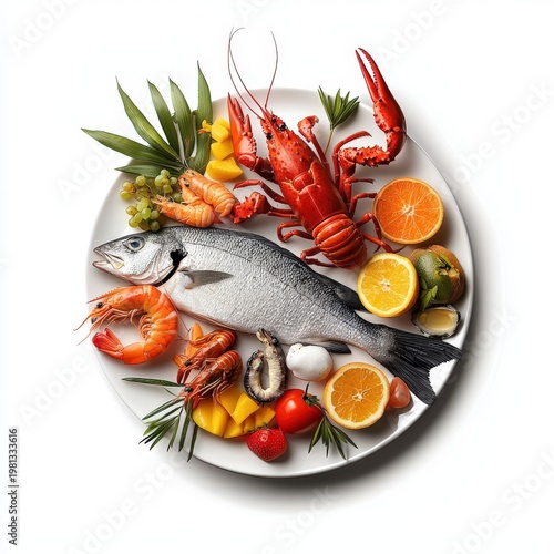 Fresh seafood platter with lobster fish shrimp crab lemon lime and strawberry garnished with herbs on white ceramic plate for healthy diet and seafood cuisine