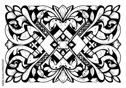 Ornate Floral Ornament Vector Pattern, Vintage Symmetrical Decorative Background, Antique Woodcut Style Frame Illustration