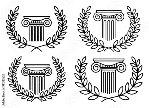 Ancient Greek Column with Laurel Wreath Set Vector, Roman Architecture Pillar Icons, Law and Justice Symbol Illustration