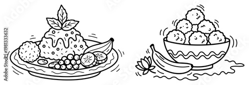 Healthy Food Dishes and Dessert Doodle Vector, Hand Drawn Rice Pudding with Fruit and Meatballs Bowl Illustration, Meal Sketch Set