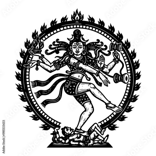 Lord Shiva Nataraja Dancing Shiva Vector, Hindu God Mythology Character in Ring of Fire Illustration, Traditional Indian Sacred Art