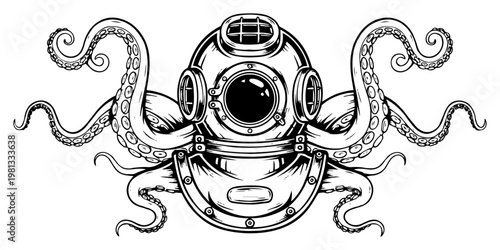 Vintage Deep Sea Diver Helmet with Octopus Tentacles Vector, Steampunk Nautical Illustration, Kraken and Scuba Gear Line Art